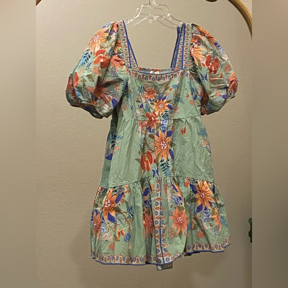 Farm Rio Bright Yard Floral Puff Sleeve Ruffled Tiered Mini Dress Size S - Picture 4 of 13
